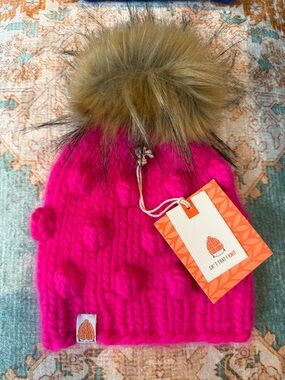 Kids Pom Beanie - Hot Pink with Faux Fur Pom